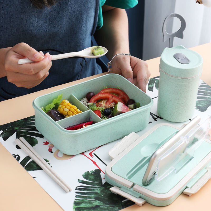Hộp Đựng Cơm Văn Phòng Lúa Mạch Giữ Nhiệt 3 Ngăn Tặng Kèm Đũa Thìa Dùng Được Lò Vi Sóng