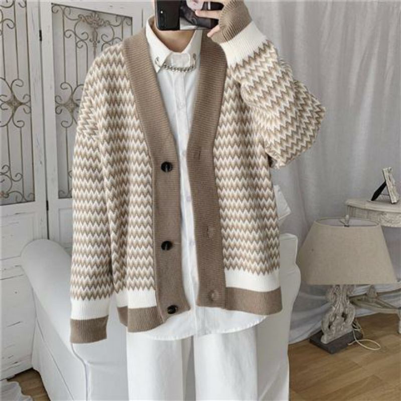 Áo Cardigan Kẻ Sóng Vintage Unisex