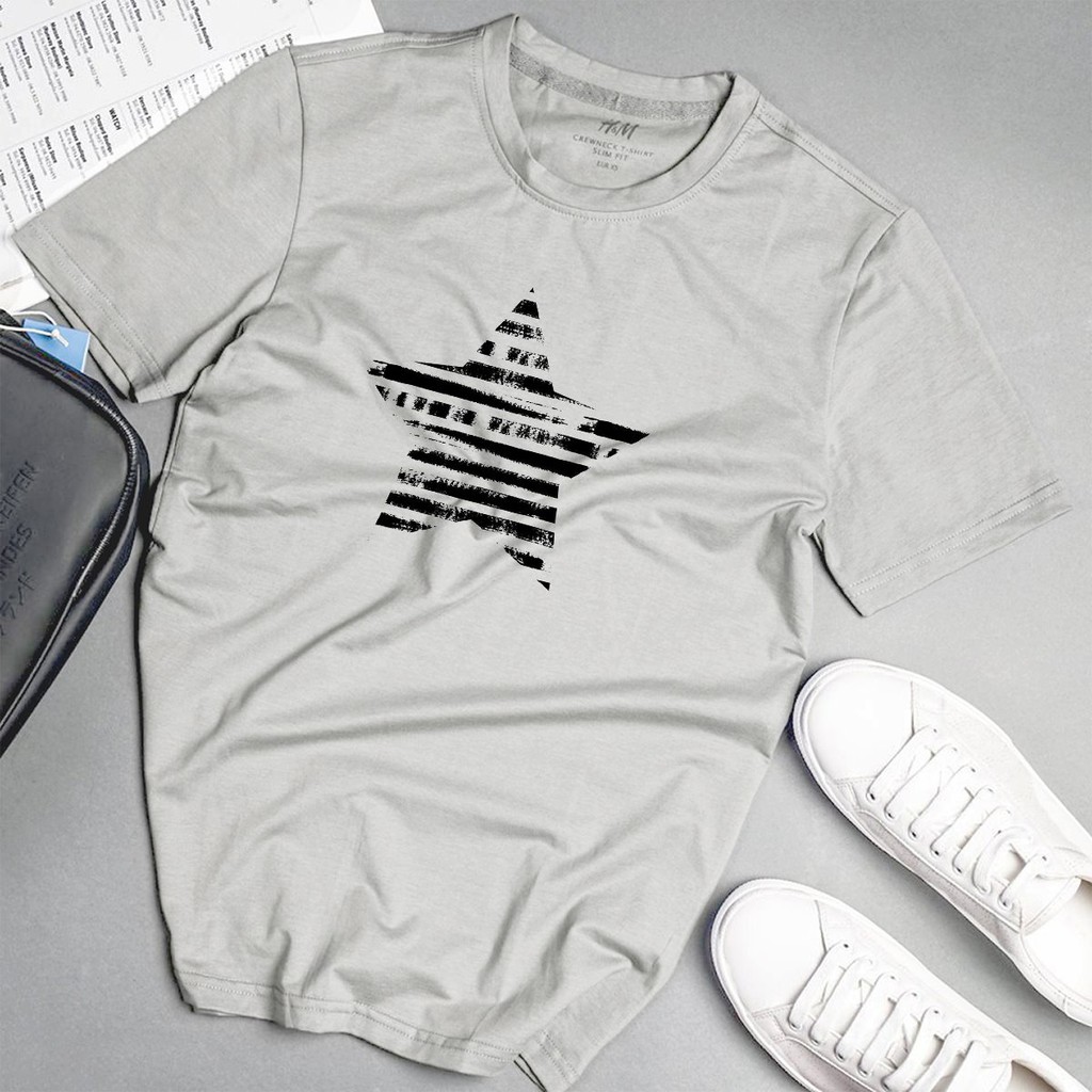 Áo phông nam ngôi sao sọc phong cách unisex màu xám