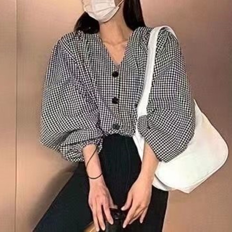 Áo Sơ Mi Caro Tay Dài Cổ Chữ v Thời Trang Phong Cách Hàn Quốc Cho Nữ