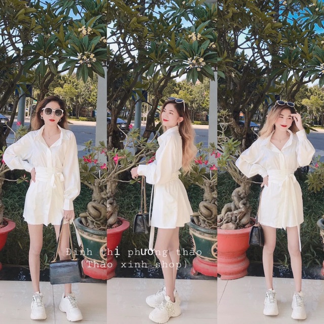 set sơmi oversize form rộng nude, trắng + quần short thắt nơ eo (ảnh thật)