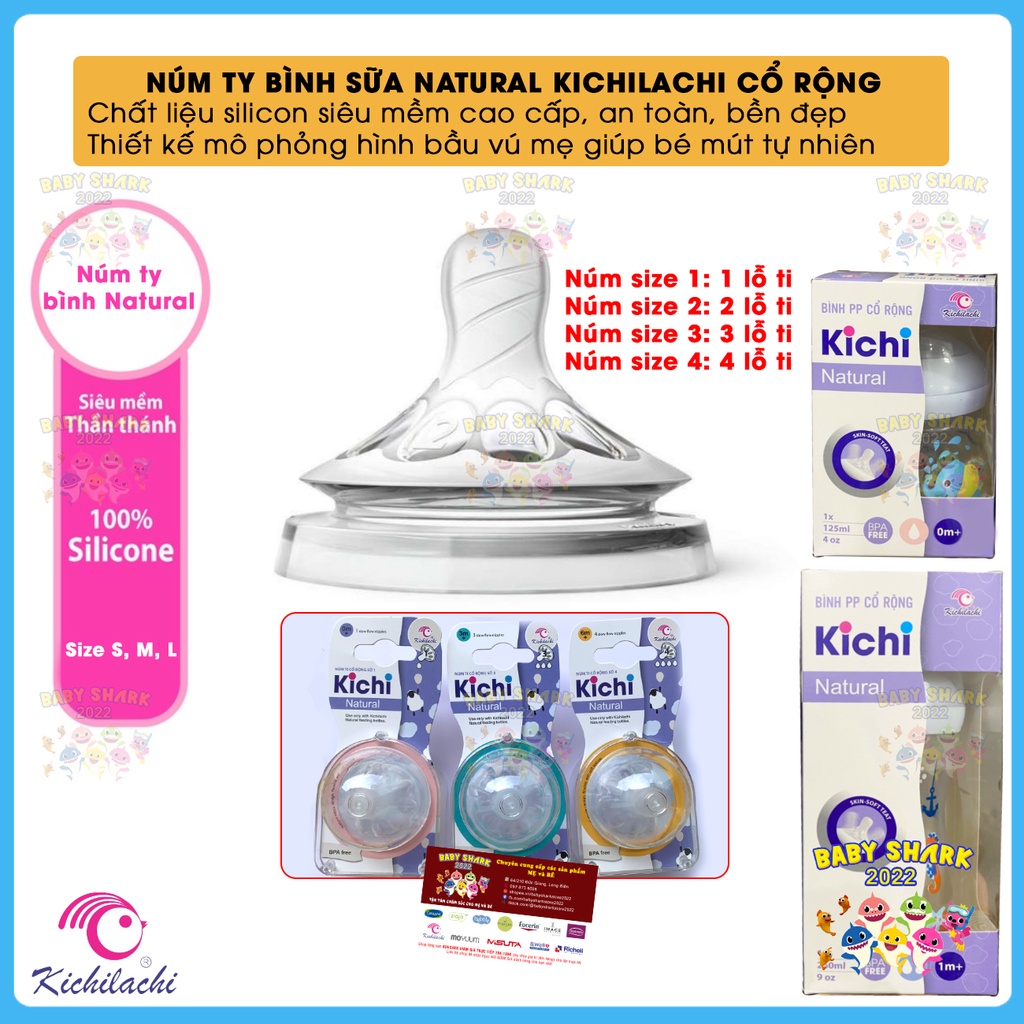 Combo 2 núm ti bình sữa Natural Kichilachi cổ rộng silicone cao cấp, siêu mềm, mô phỏng bầu vú mẹ
