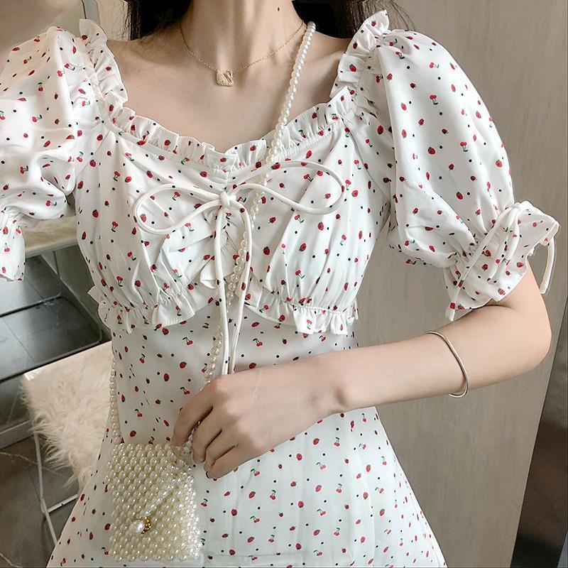 Đầm Chữ A Hai Dây Eo Cao Tay Phồng In Họa Tiết Hoa Phong Cách Pháp Thanh Lịch Mới Dành Cho Nữ