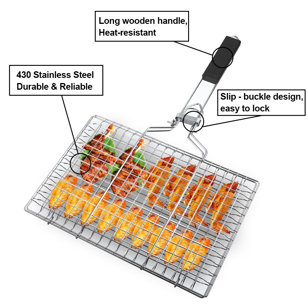 [Global] Barbecue Grilling Basket Metal Handle BBQ Grill Net Folding Portable Cooking Grid Rack with Spice Brush