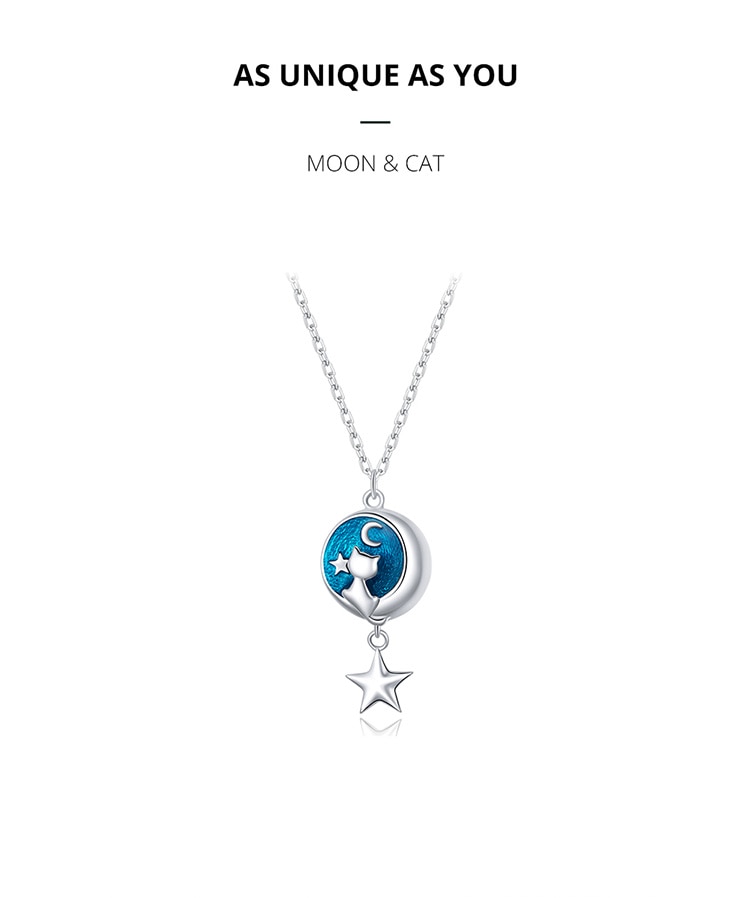 Dây chuyền BAMOER SCN422 bạc 925 mặt hình mèo ngôi sao mặt trăng độc đáo 45cm