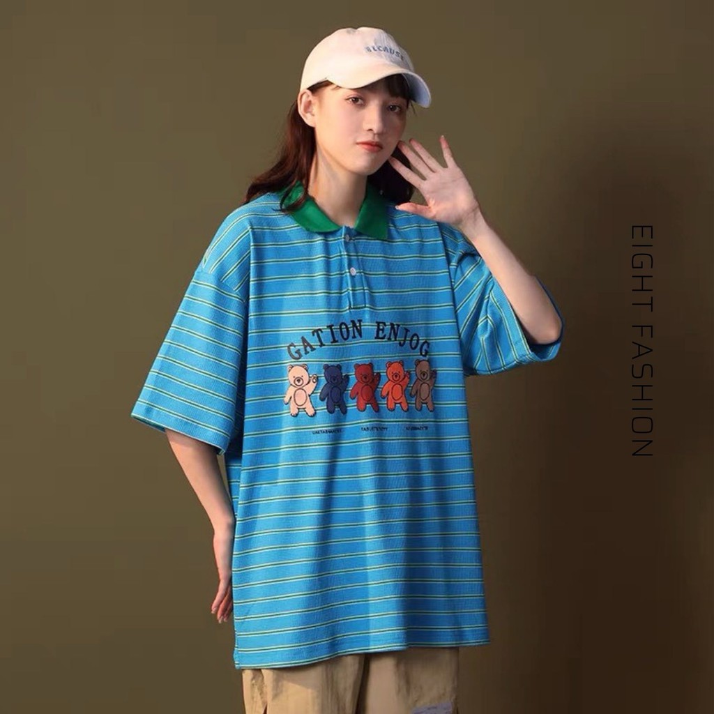 Áo Thun Tay Lỡ Cặp Có Cổ Màu Tương Phản Sọc Ngang In Hình 4 Chú Gấu Cute Có Nút Gài ÁO POLO EIGHTFASHION TC105