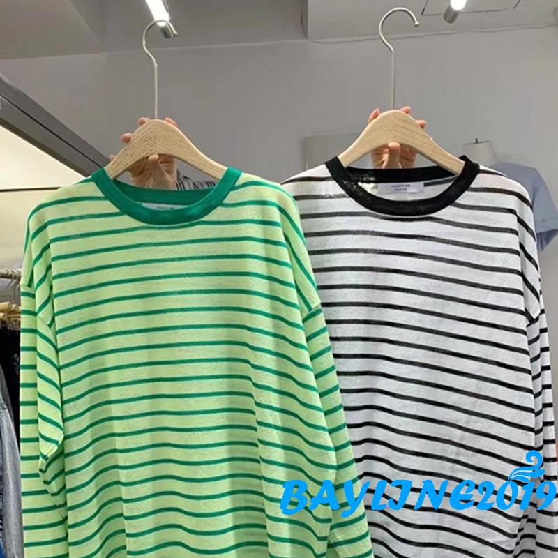 Áo Thun Nữ Dài Tay Cổ Tròn Họa Tiết Sọc Ngang Trẻ Trung Hợp Thời Trang