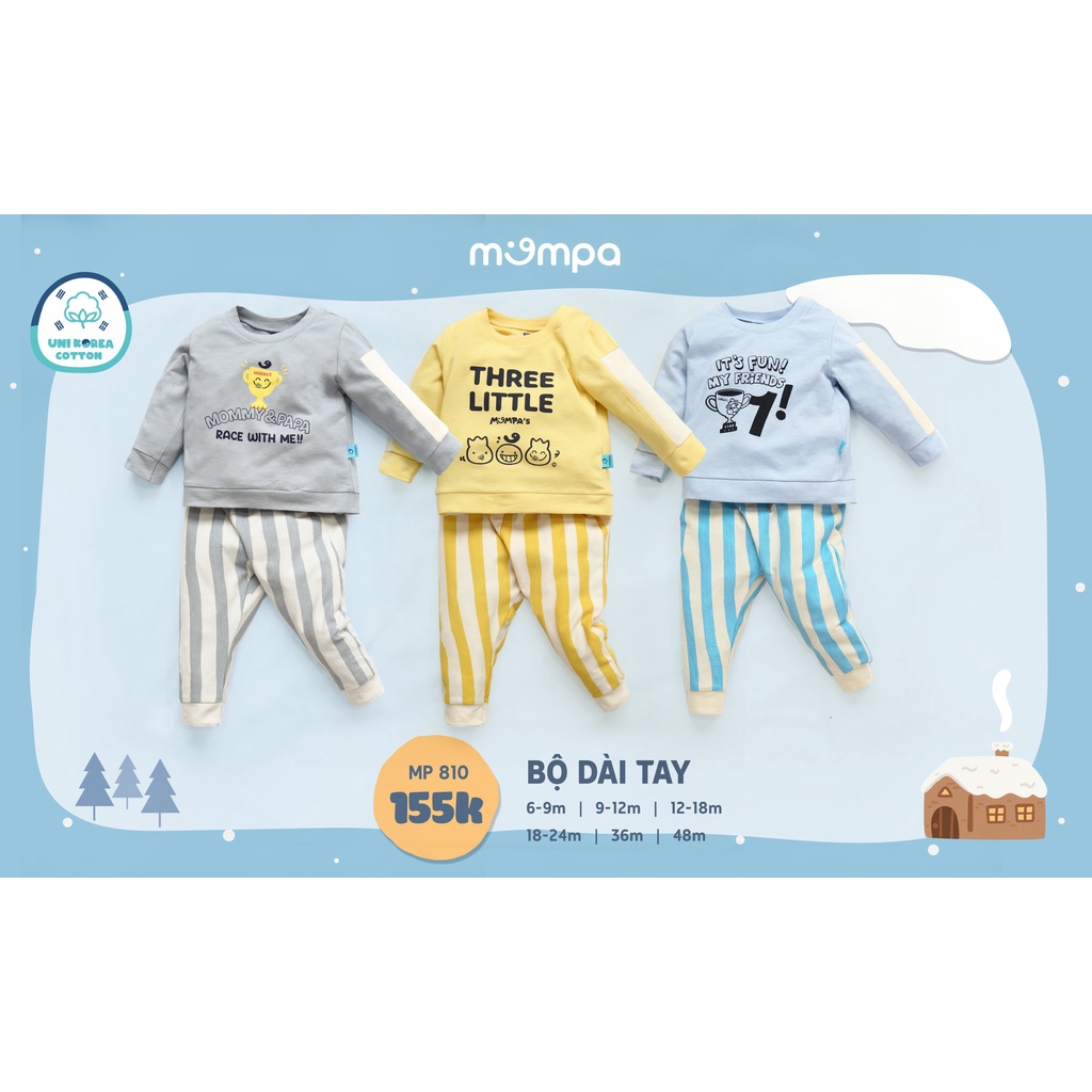Bộ quần áo dài tay Mompa vải sợi tre co giãn mềm mịn cổ tròn cho bé 6 tháng - 4 tuổi