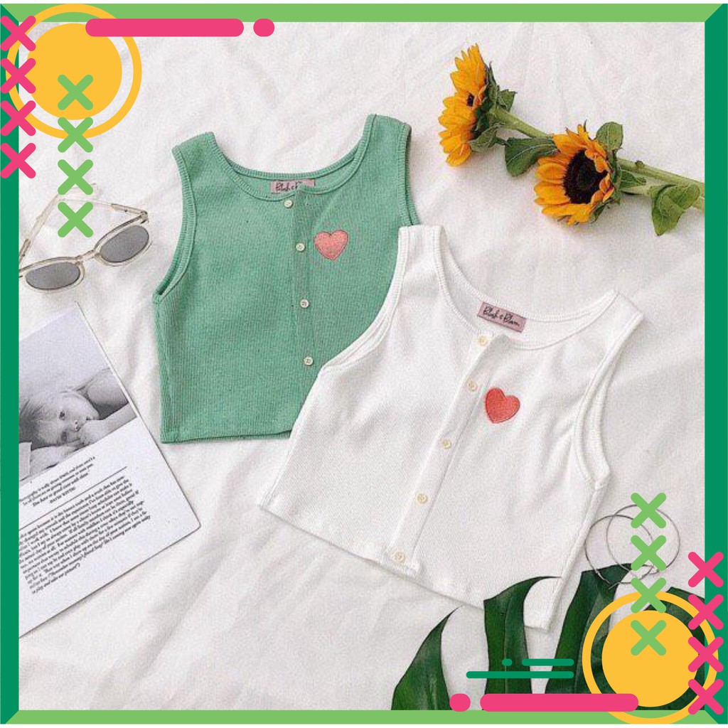 xả kho 1121A26B1 Áo thun croptop sát nách đính nút in trái tim siêu đáng iu Hàn Quốc xả kho
