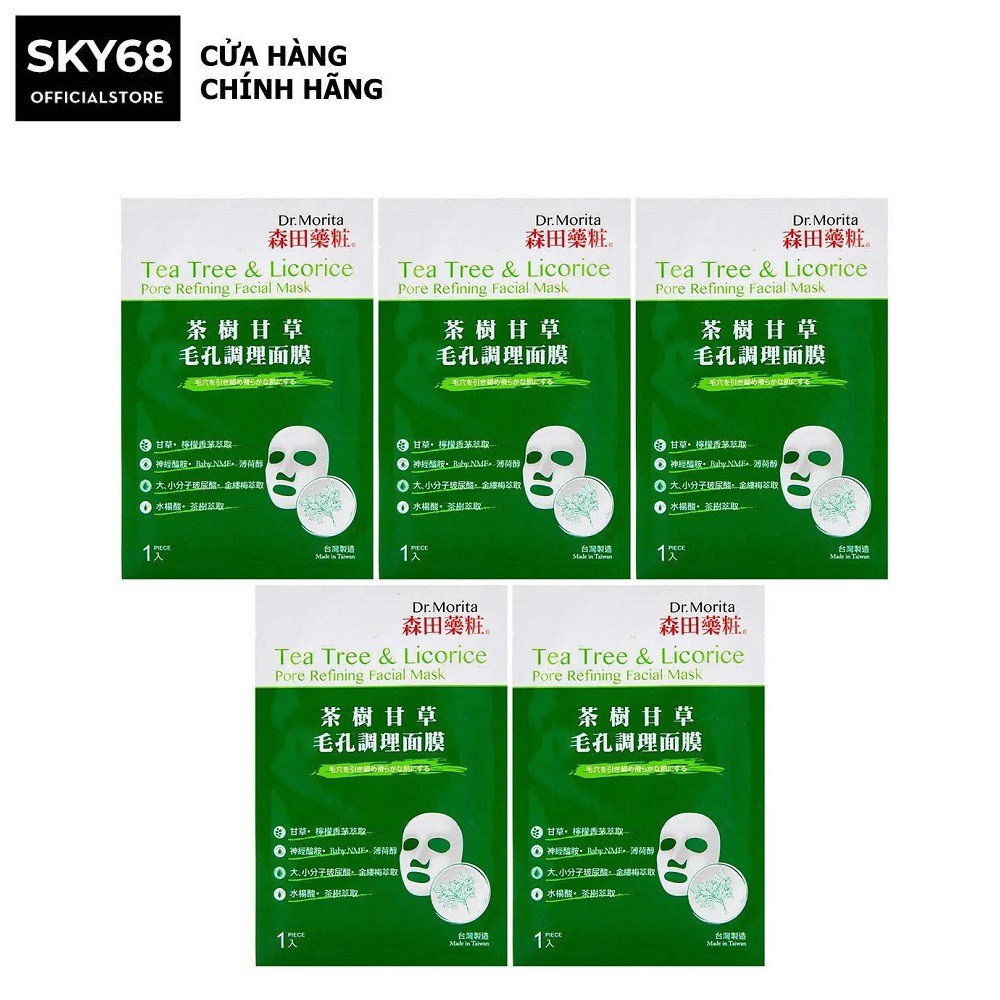 Combo 5 Mặt Nạ giảm Mụn Chiết Xuất Tràm Trà &amp; Cam Thảo Dr. Morita Tea Tree &amp; Licorice Pore Refining Facial Mask 30g x 5