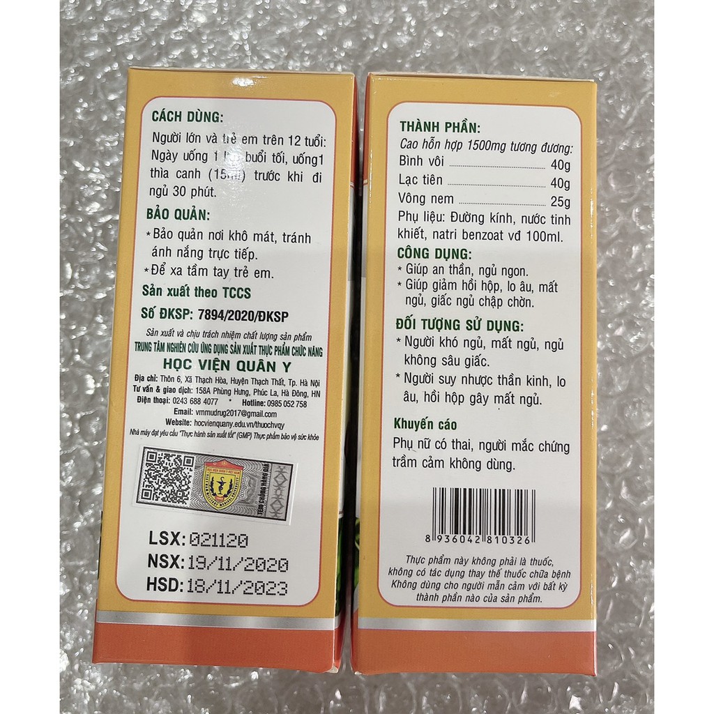 2 hộp Siro ngủ ngon Laroxen Học viện quân y giúp an thần ngủ ngon chai 100ml