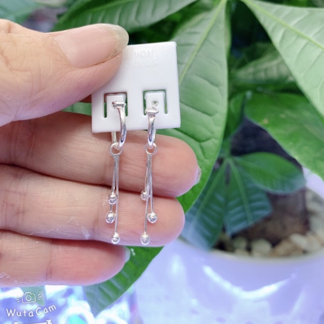 Khuyên tai tròn treo 2-3 sợi mỳ ngắn phối bi bạc ta
