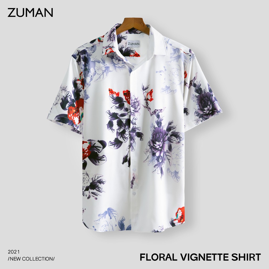 Áo sơ mi nam ngắn tay vải lụa thiết kế hoạ tiết hoa phối màu  - ZUMAN - ASM12