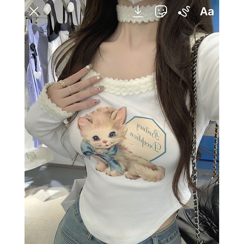 Áo Thun Tay Dài Cổ Tròn In Hình Mèo Phối Ren Quyến Rũ Thời Trang Mùa Thu Cho Nữ