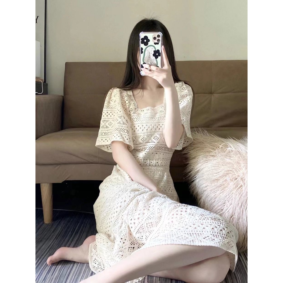 Đầm Chữ A Cổ Vuông Màu Trơn Thời Trang Hàn Quốc Cổ Điển