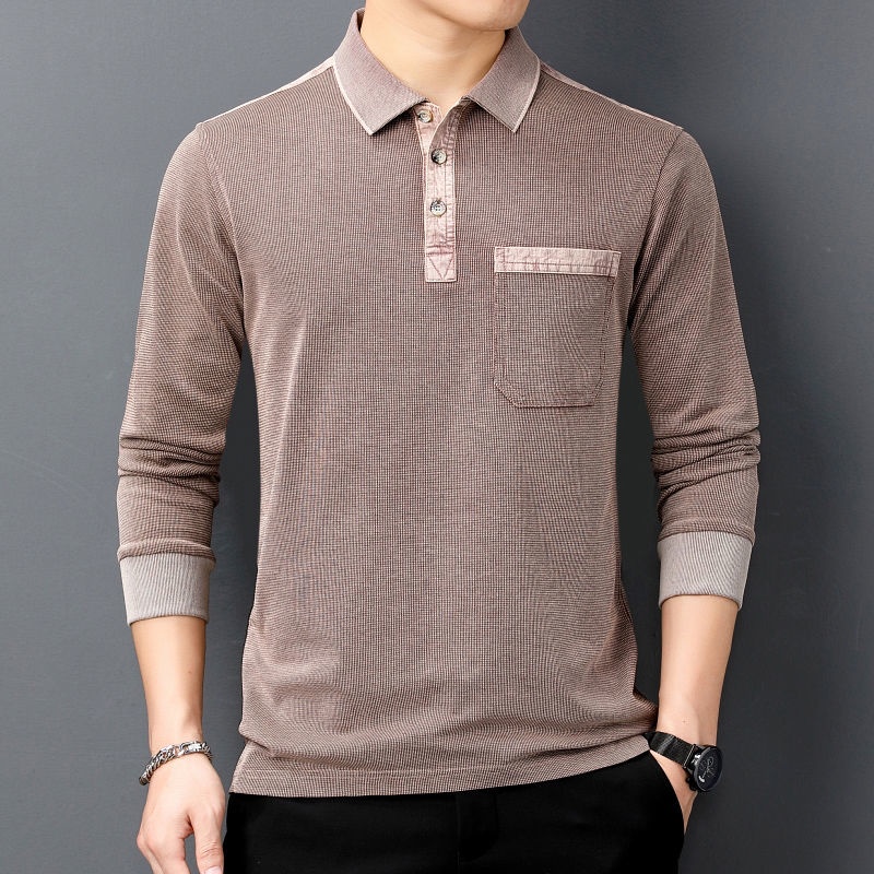 Áo Thun Polo Cotton Tay Dài Có Túi Thật Phong Cách Mới Cho Nam Trung Niên