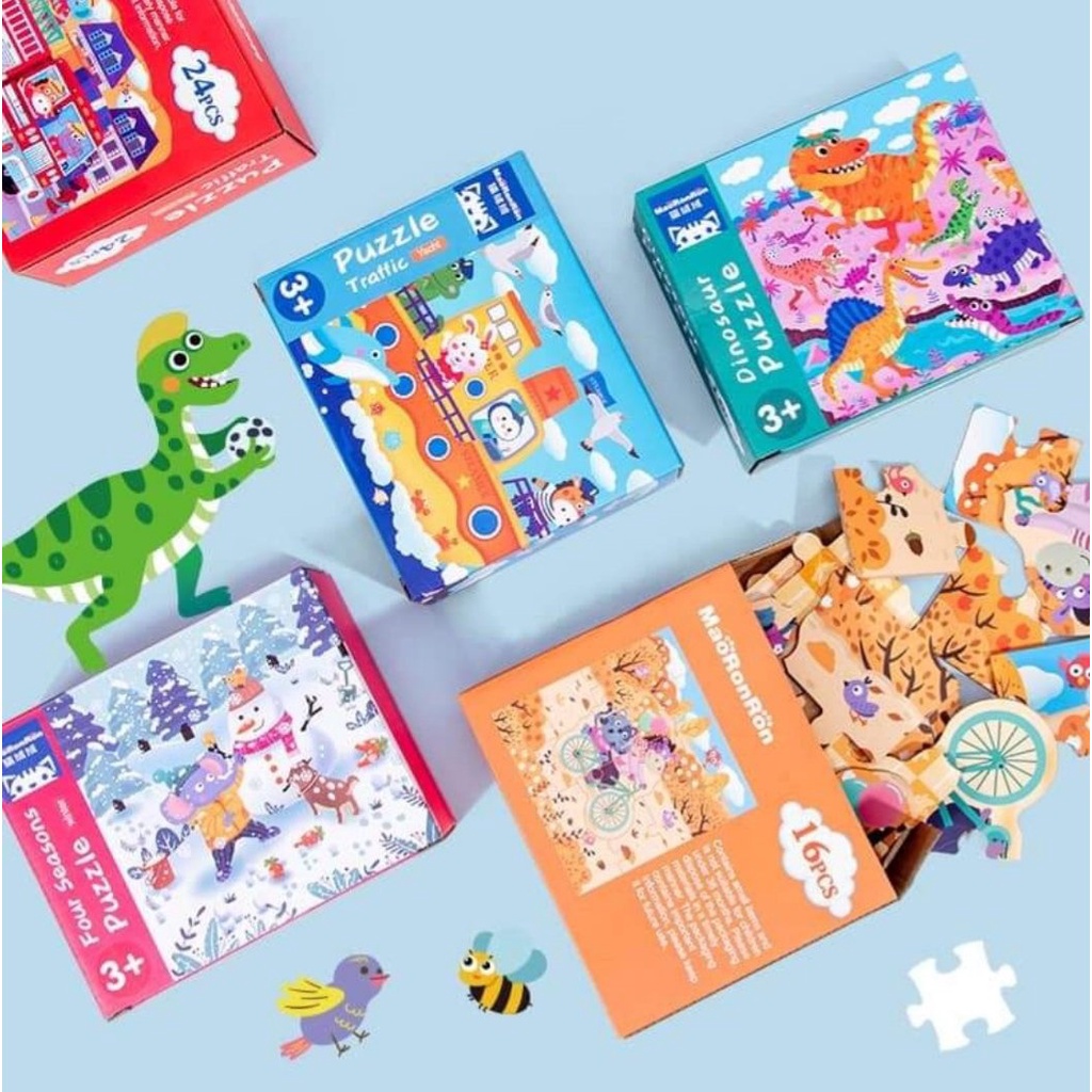 Xếp hình  cho bé từ 2 tuổi bộ ghép hình puzzle 4 cấp độ với 3 chủ đề ô tô khủng long bốn mùa