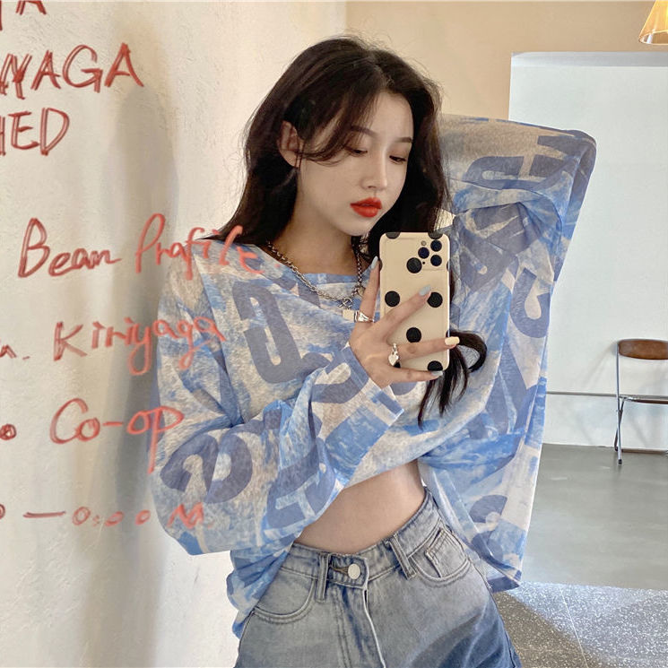 Áo thun tay dài dáng rộng chống nắng phối màu nhuộm cá tính cho nữ