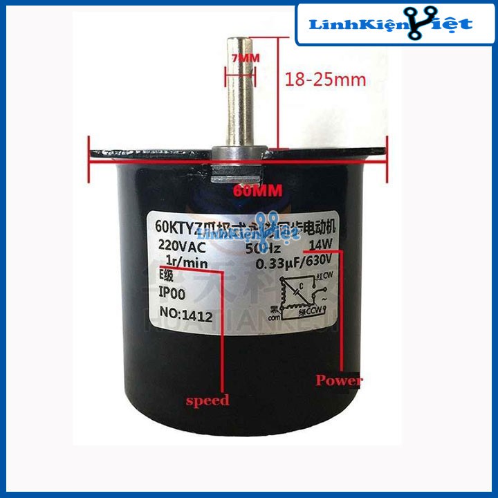 ĐỘNG CƠ GIẢM TỐC 220VAC 60KTYZ TRỤC 7MM