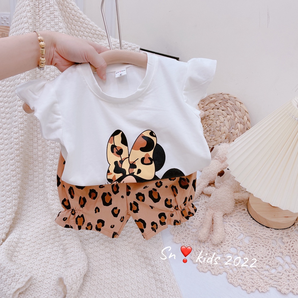Bộ cộc tay bé gái, bộ quần áo chất cotton tàu cánh tiên Mickey nơ beo mát mẻ cho bé