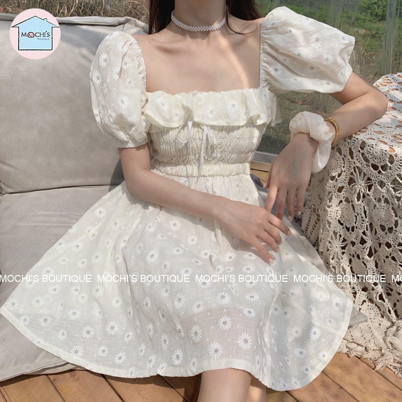 Váy đầm nữ cổ vuông tay phồng điệu đà, mẫu đầm hoa nhí đẹp mặc được 2 kiểu trễ vai hoặc cổ vuông tiện lợi-M063 | BigBuy360 - bigbuy360.vn