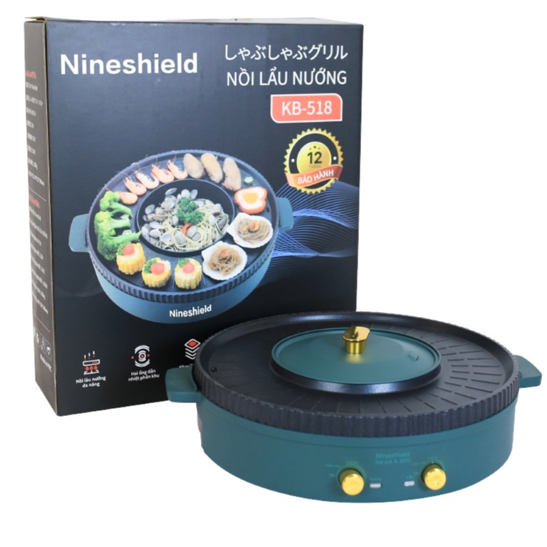 Bếp lẩu nướng đa năng - Bếp lẩu nướng không khói 2 trong 1 NINESHIELD - Thích hợp 5 đến 8 người, 2 mâm nhiệt độc lập