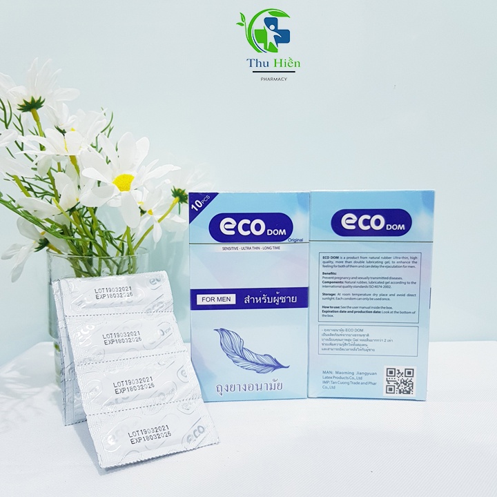 Bao cao su siêu mỏng trơn Eco thái lan nhiều gel bôi trơn kéo dài thời gian chống xuất tinh sớm ( Hộp 10 cái )