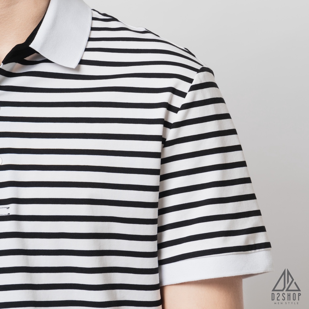 Áo thun polo nam D2shop, áo polo nam sọc ngang, màu trắng
