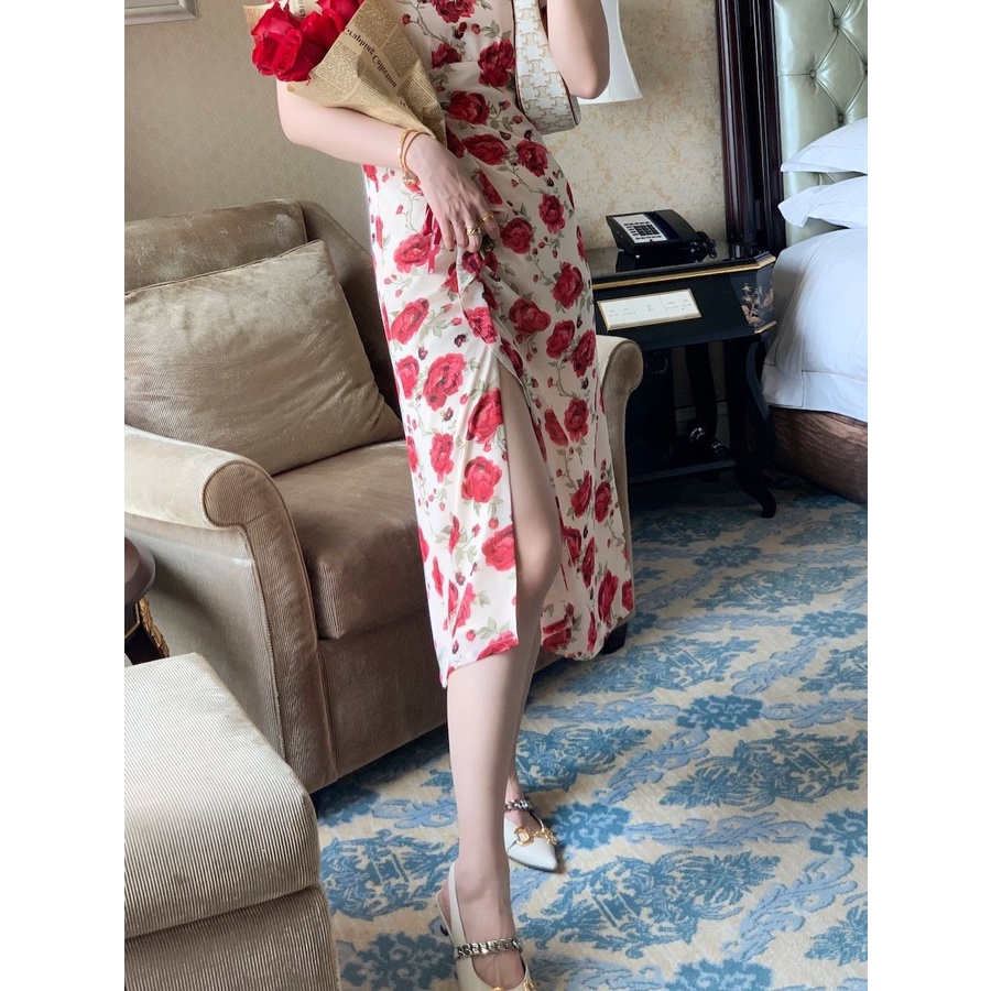 Đầm Ôm Eo Xẻ Tà In Họa Tiết Hoa Hồng Lãng Mạn Mùa Hè Mới 2021