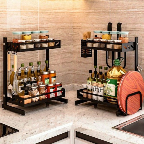 [𝐅𝐑𝐄𝐄𝐒𝐇𝐈𝐏] Kệ Gia Vị Chữ L 2-3 Tầng VANDO Sơn Đen Tĩnh Điện, Giá Đựng Đồ Nhà Bếp Đa Năng