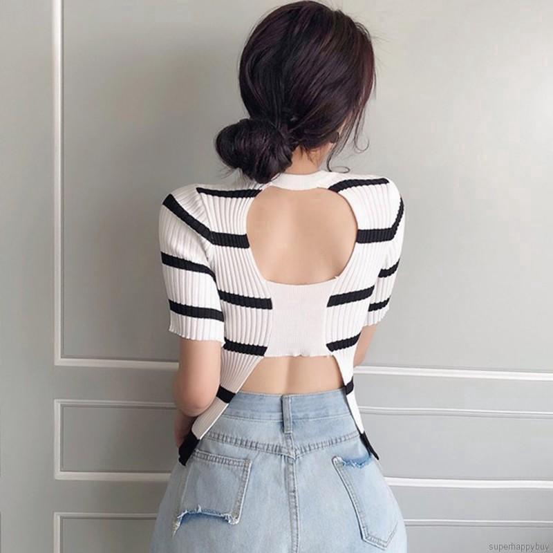 Áo dệt kim đơn giản sọc ngang ngắn tay dành cho nữ