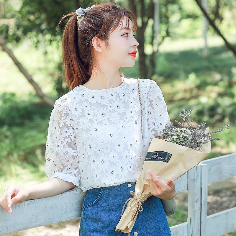 Korean Floral Print Cute Casual Blouse Women Summer Lantern Short Sleeve Top White