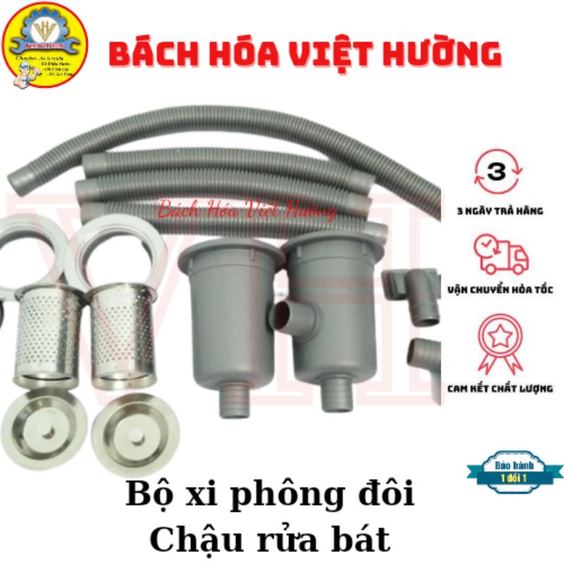 Bộ xi (si) phông chậu rửa chén/bát 2 hố loại đẹp Tân Á Đại Thành, xi phông đôi 2 ngăn thoát nước nhanh, khử mùi tốt
