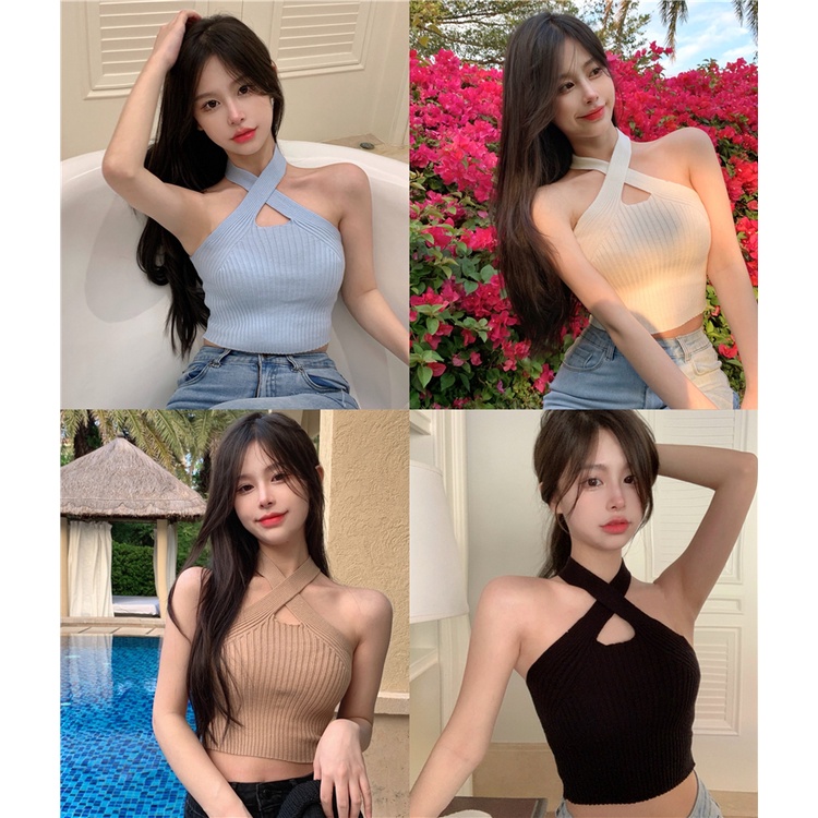 Porozi Áo croptop dệt kim dáng ngắn hở eo quyến rũ trẻ trung phong cách Hàn Quốc