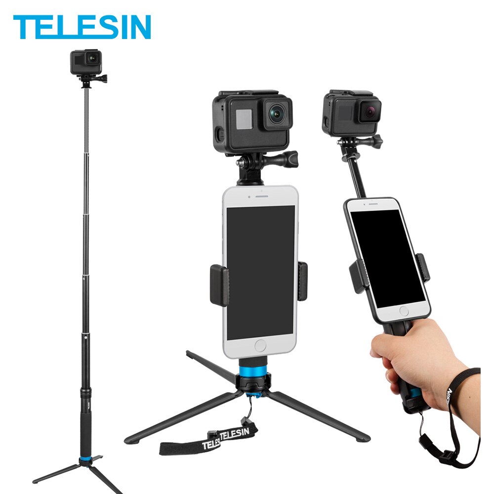 TELESIN-Palo de Selfie extensible de aleación de aluminio con trípode y Clip para teléfono para GoPro Hero 5 6 7 8 9 Xiaomi Yi DJI Osmo Action | BigBuy360 - bigbuy360.vn