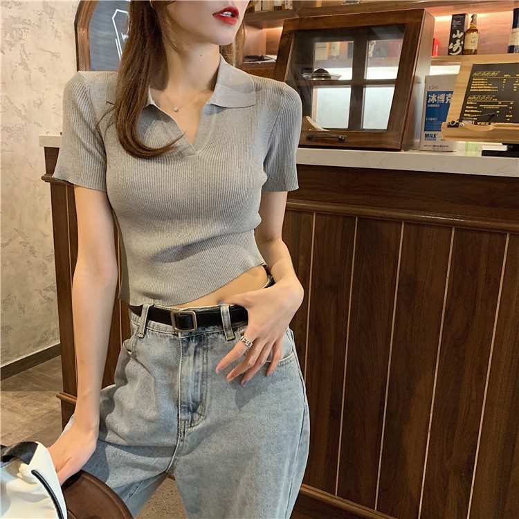 Áo Croptop ✨ GIÁ SALE✨ Áo Polo Croptop Len Tăm Dệt Kim Cao Cấp Quảng Châu Tay Ngắn Có Cổ