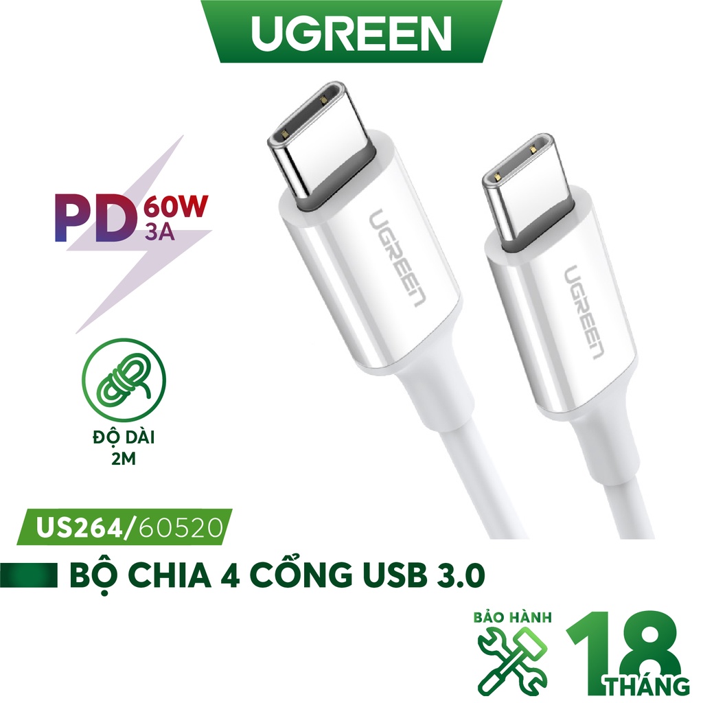 Cáp sạc nhanh USB-C sang USB-C, dòng 3A kết nối sạc và truyền dữ liệu, hỗ trợ sạc QC3.0 dài từ 0.5-2m UGREEN US264