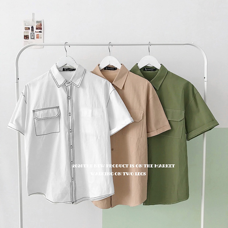 Áo Sơ Mi Tay Lỡ Unisex Phối Viền Chỉ Nổi Chất Cotton Đẹp Thoáng Mát,Sơ Mi Tay Lỡ Nam Nữ Phong Cách Hàn Quốc