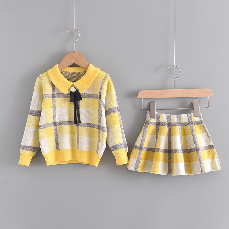 Bộ trang phục BEAR LEADER gồm áo sweater dệt kim đính nơ và chân váy xòe công chúa thu đông cho bé gái 2- 6 tuổi