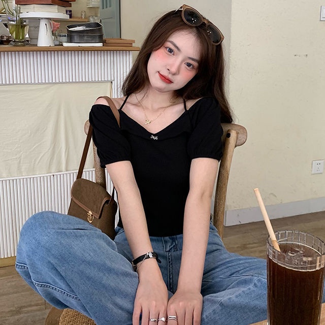 Áo thun COZOK ngắn tay kiểu cổ yếm xinh xắn phong cách Hàn Quốc