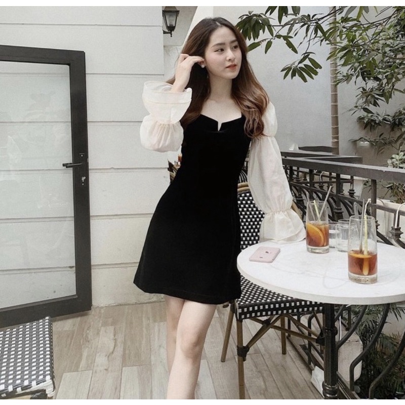 Passs váy nhung cổ V phối tay voan tơ bo chun siêu đẹp