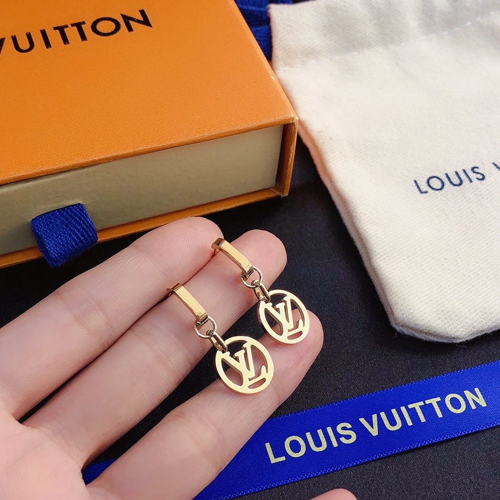 LOUIS VUITTON Khuyên Tai Tròn Bằng Thép Titan In Logo LV Thời Trang