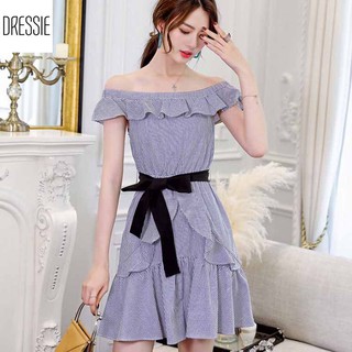 Đầm xòe váy nữ DRESSIE đầm sọc trễ vai đẹp dạo phố dự tiệc - DX183 (Xanh)