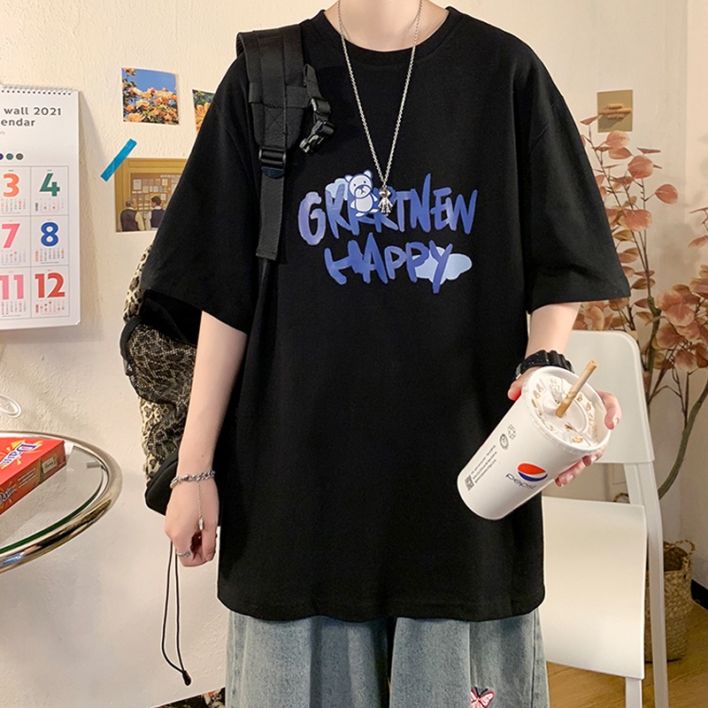 Áo Thun Tay Ngắn Cổ Tròn Dáng Rộng In Hình Gấu Và Chữ Thời Trang Cho Nam Size M-5XL