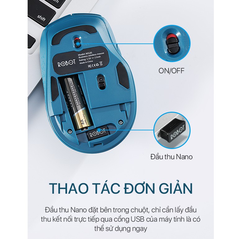 Chuột Không Dây 2.4G 6D ROBOT M320 Chuột Tĩnh Âm - Tặng Kèm Pin - BẢO HÀNH 12 THÁNG