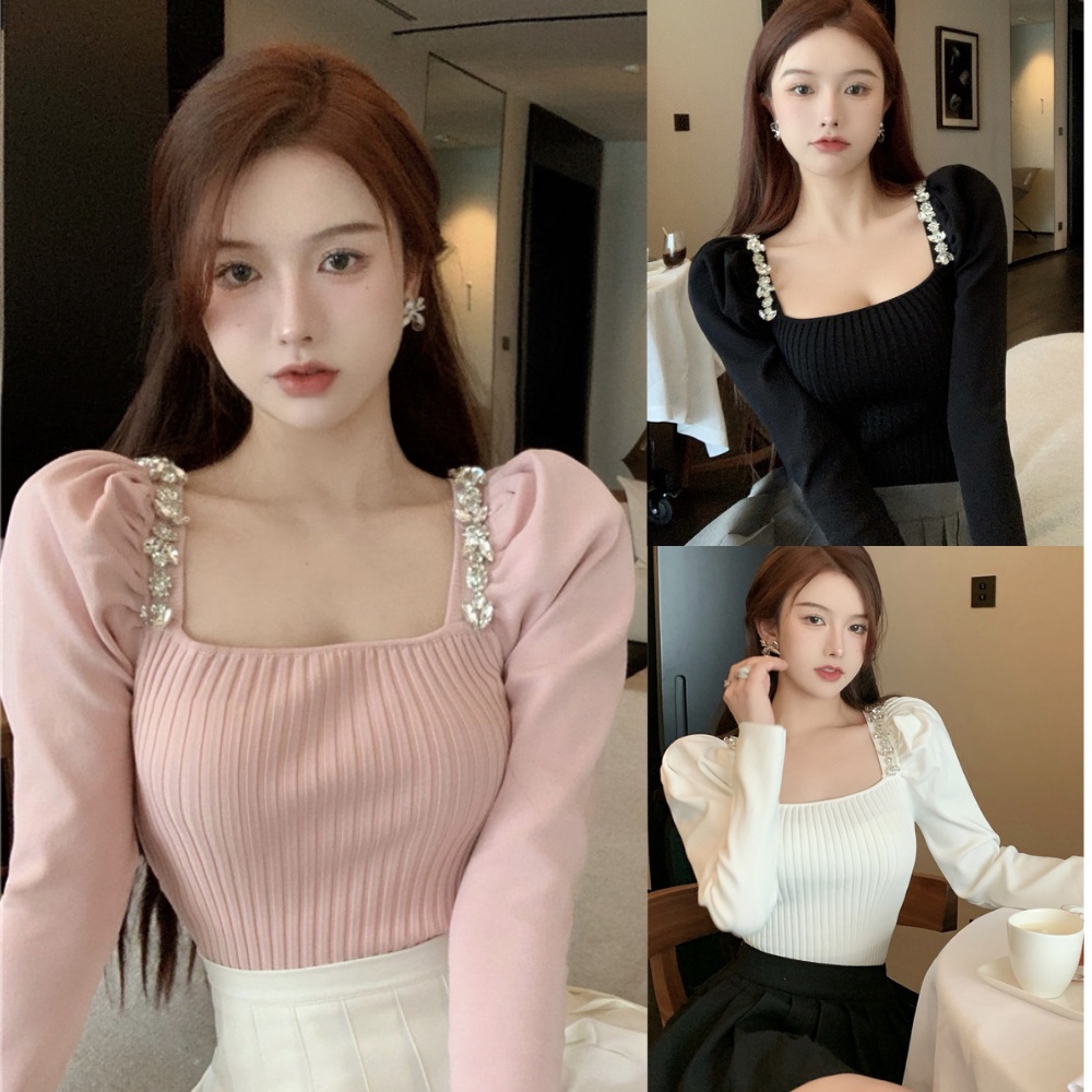 [Hàng order] Áo len croptop nữ tay phồng cổ vuông tiểu thư, áo dệt kim nữ hàng quảng châu có video ảnh thật