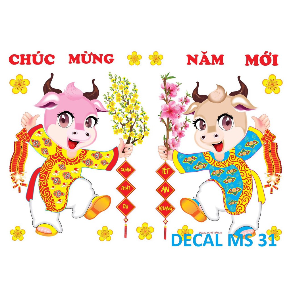 Decal trang trí tết CHÚ TRÂU MẪU 31 (kèm họa tiết nổi)