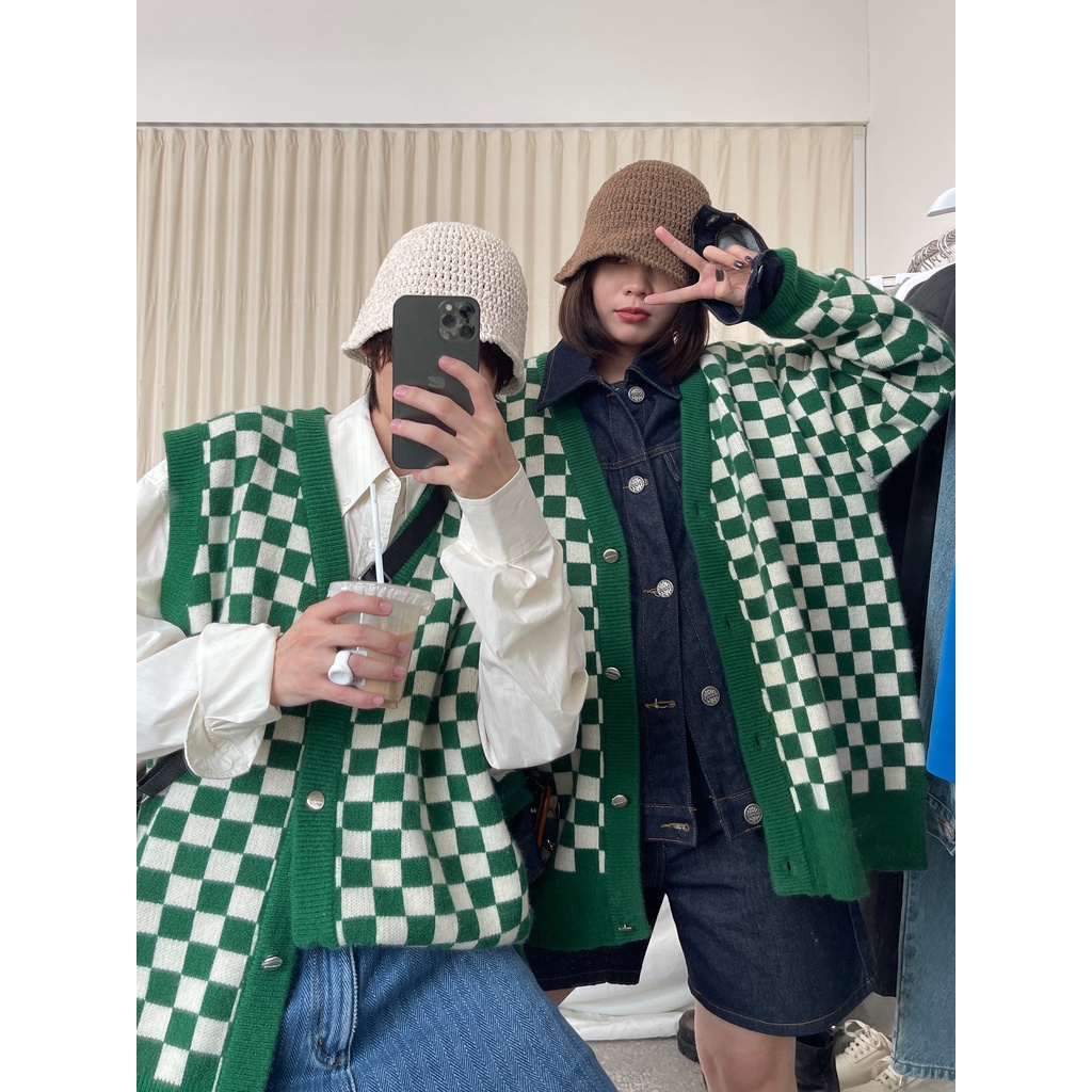 Áo gile kẻ caro vintage, áo không tay len co dãn, có bigsize phong cách softboy, gi-lê nam nữ