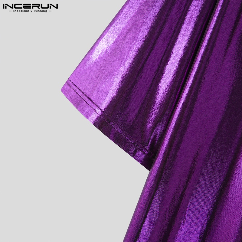 Áo thun INCERUN dài tay cổ chữ v màu sáng bóng thời trang cho nam