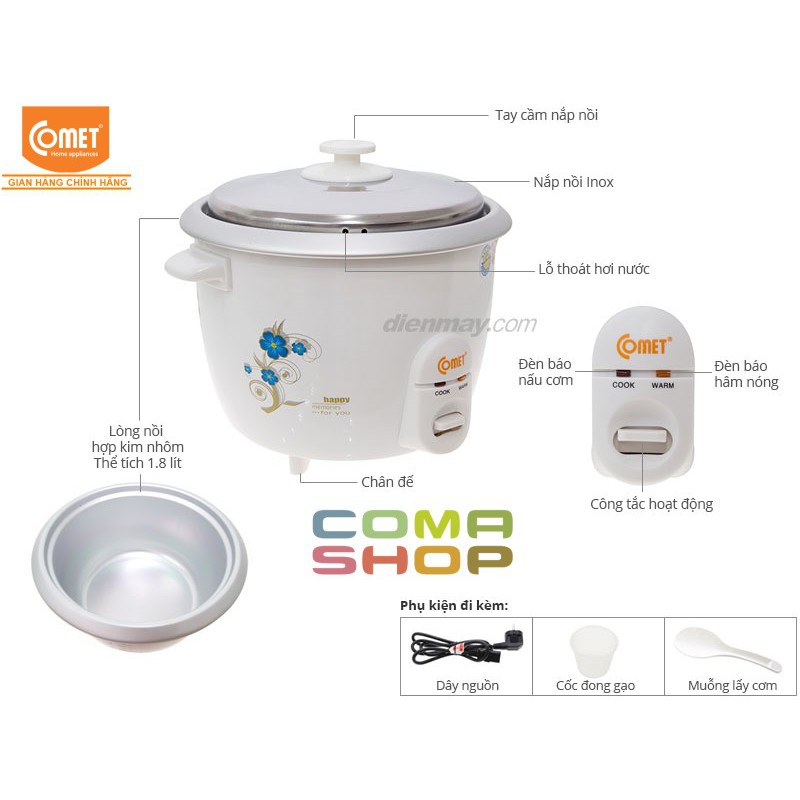 CM8036 - NỒI CƠM ĐIỆN NẮP RỜI COMET 1.8L KHÔNG CHỐNG DÍNH - BẢO HÀNH CHÍNH HÃNG 12 THÁNG